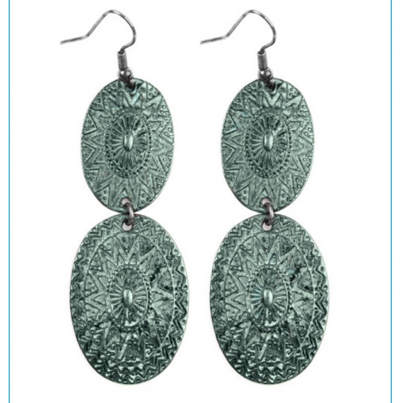 SILVER TURQUOISE EMBELLISHED OVAL LINKED DROP BURNISHED EARRINGS - Picture 1 of 2